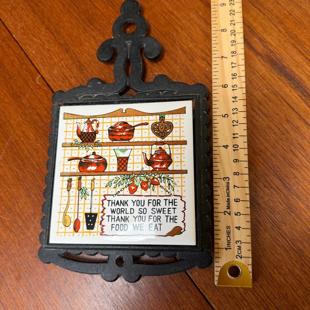 Vintage Cast Iron Ceramic Tile Trivet Japan Kitchen Prayer Blessing Hot Plate - Picture 5 of 5